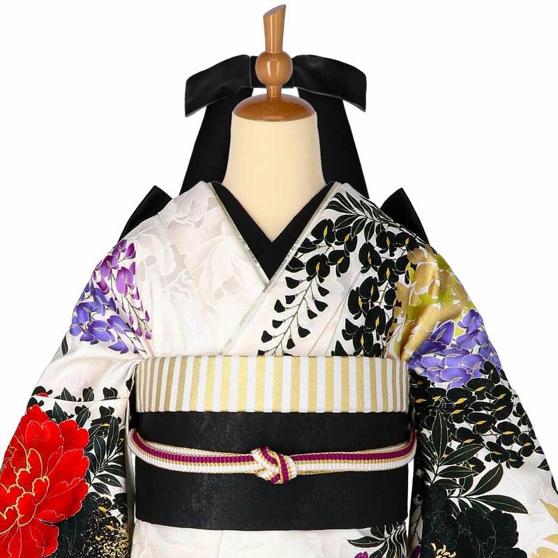 振袖レンタル ラコクラ  白ｘ黒 牡丹に藤 成人式 結婚式 対応身長154〜165cm 2〜11月利用 R2136の画像