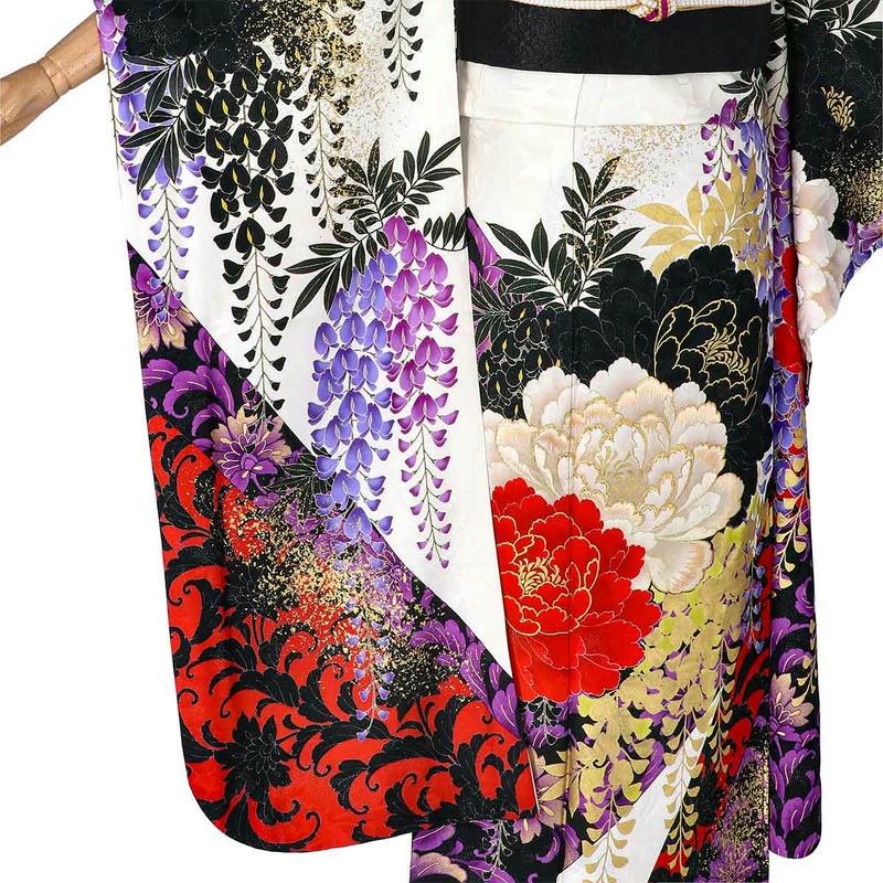 振袖レンタル ラコクラ  白ｘ黒 牡丹に藤 成人式 結婚式 対応身長154〜165cm 2〜11月利用 R2136の画像