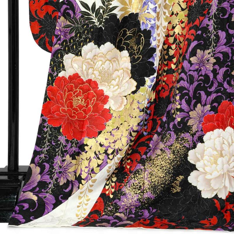 振袖レンタル ラコクラ  白ｘ黒 牡丹に藤 成人式 結婚式 対応身長154〜165cm 2〜11月利用 R2136の画像