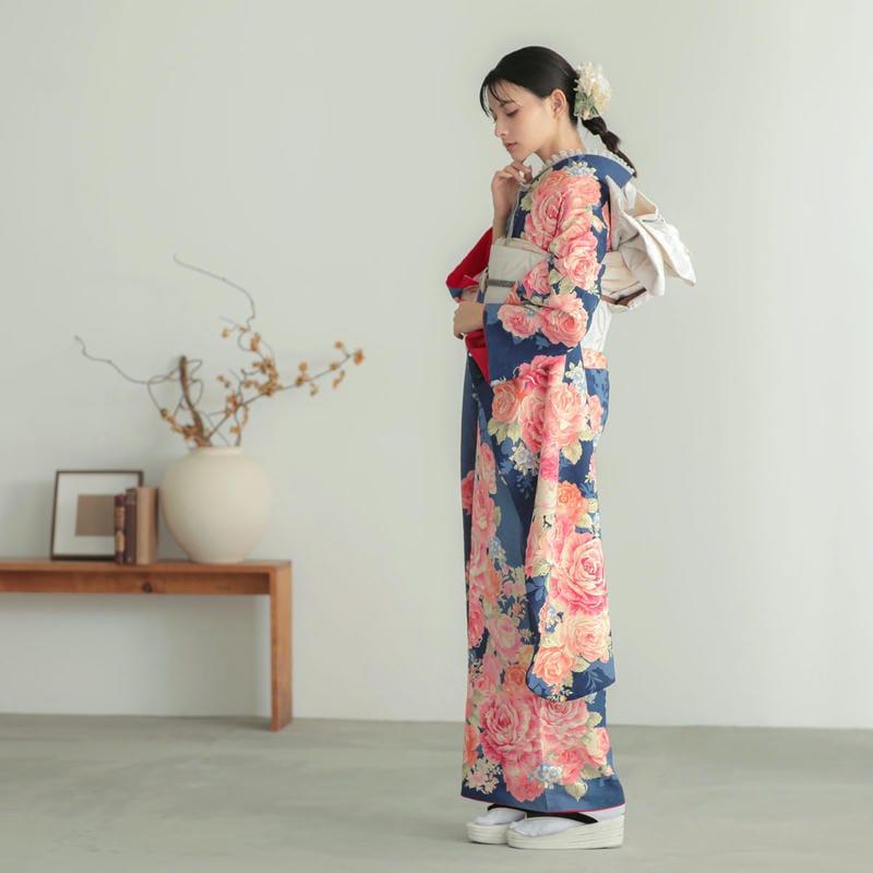 振袖レンタル リズリサ 紺 薔薇尽くし 成人式 結婚式 対応身長154
