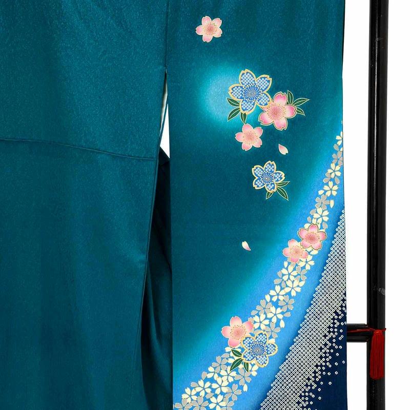 振袖レンタル 青緑 桜流し 成人式 結婚式 対応身長154〜165cm 2〜11月