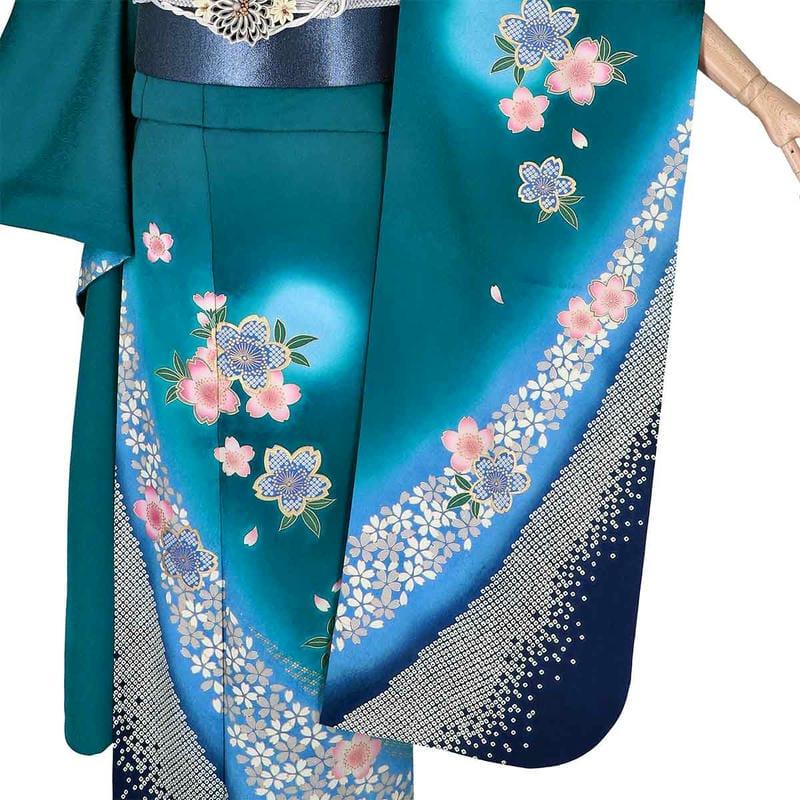振袖レンタル 青緑 桜流し 成人式 結婚式 対応身長154〜165cm 2〜11月