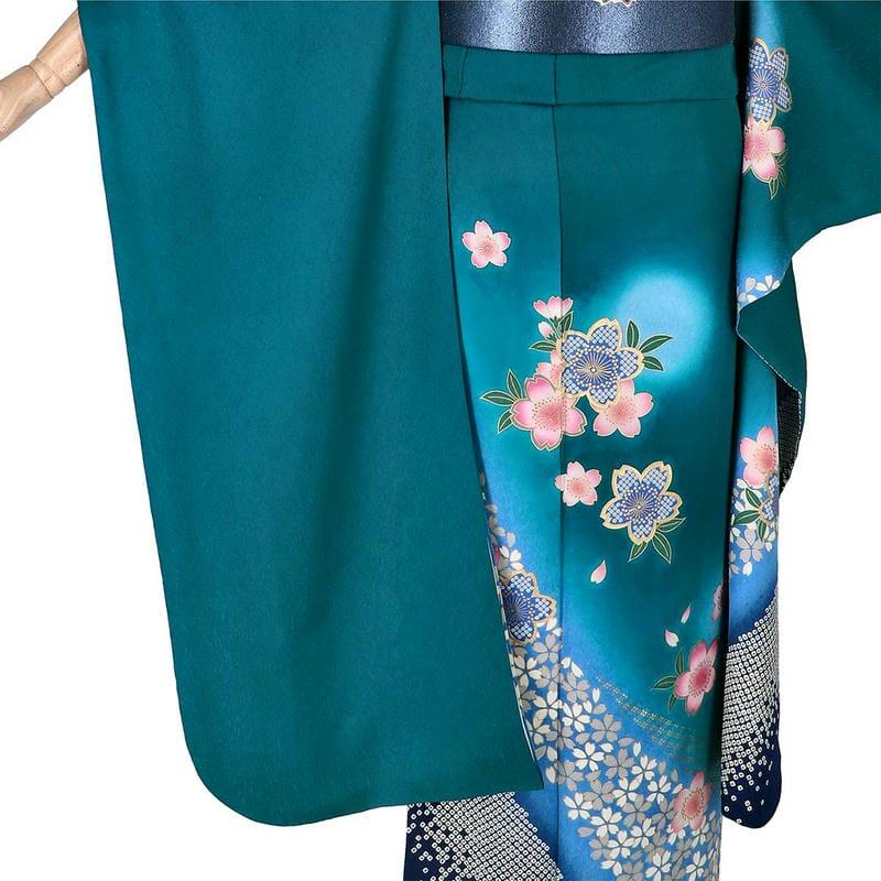 振袖レンタル 青緑 桜流し 成人式 結婚式 対応身長154〜165cm 2〜11月