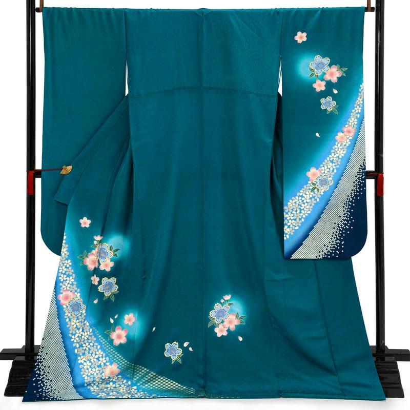 振袖レンタル 青緑 桜流し 成人式 結婚式 対応身長154〜165cm 2〜11月