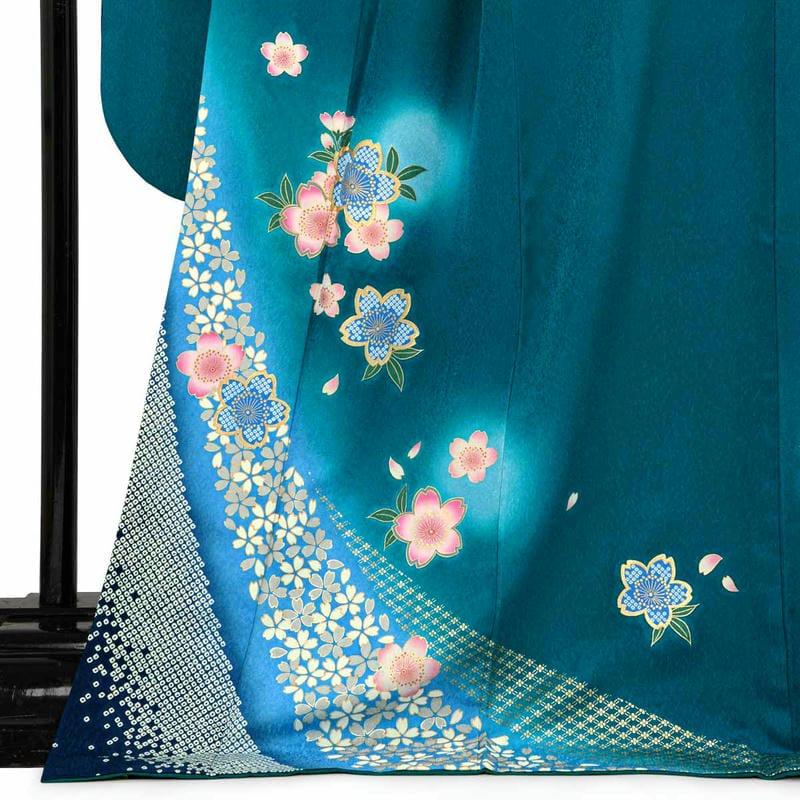 振袖レンタル 青緑 桜流し 成人式 結婚式 対応身長154〜165cm 2〜11月