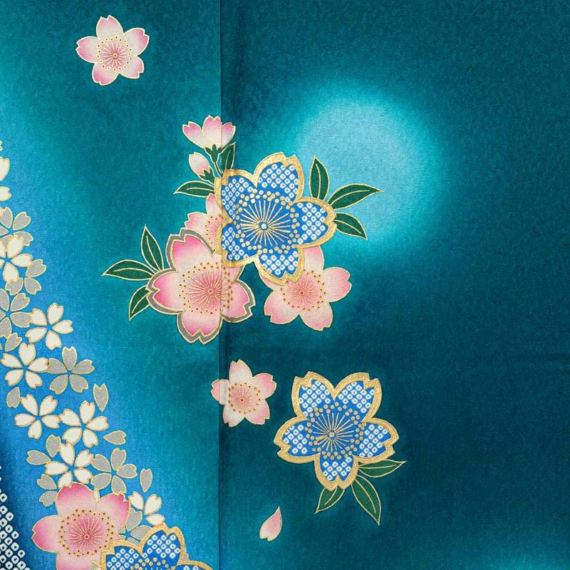 振袖レンタル 青緑 桜流し 成人式 結婚式 対応身長154〜165cm 2〜11月