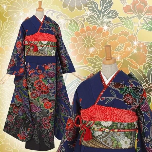 振袖レンタル 訳あり特価 安い青 紅型 流水に牡丹と桜(絹) 成人式 結婚