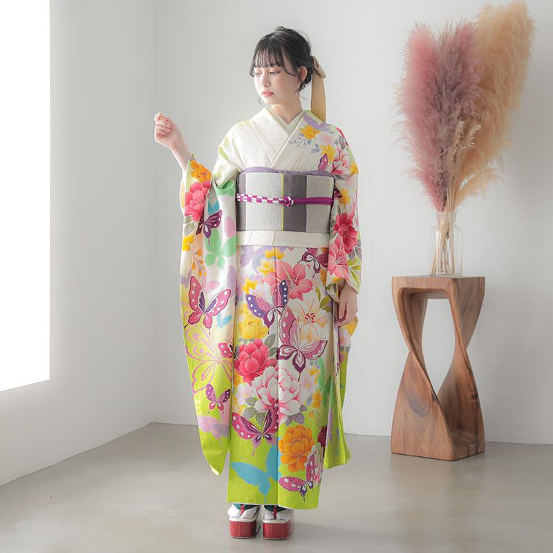 振袖 六通 蝶 花 桜 金糸 長尺 ロングサイズ華やか hiromichi nakano（ヒロミチナカノ） 振袖レンタル 白×グリーン 百合桜