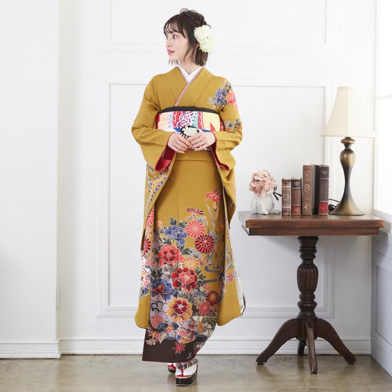 振袖レンタル 辛子 紅型 菖蒲牡丹に水鳥(絹)(宅) 成人式 結婚式 モデル