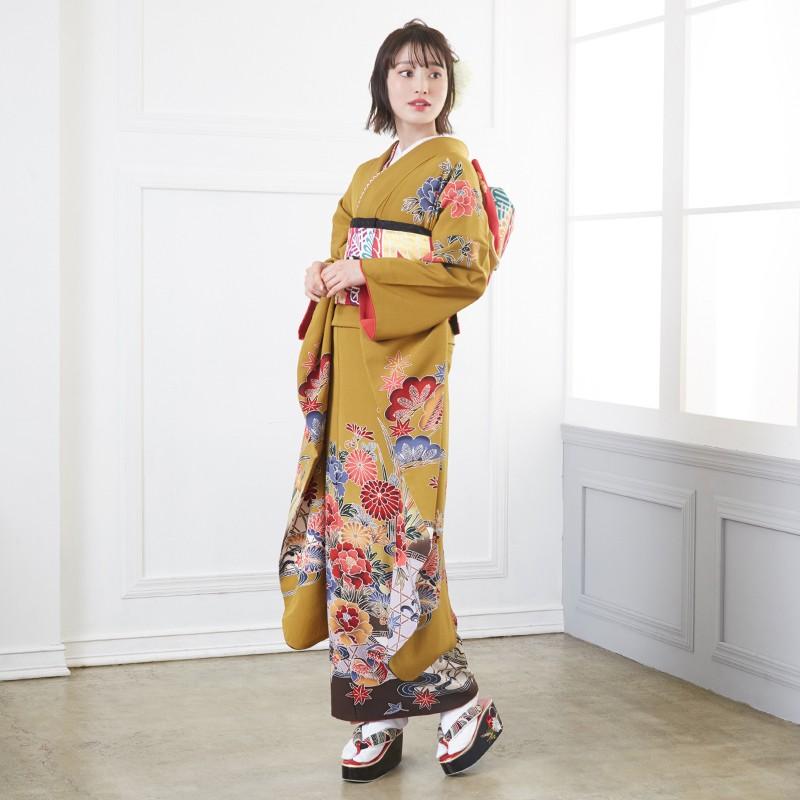 振袖レンタル 辛子 紅型 菖蒲牡丹に水鳥(絹)(宅) 成人式 結婚式 モデル