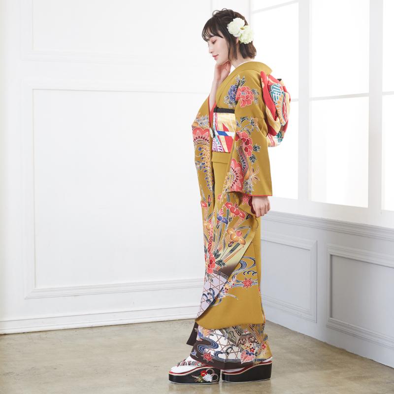 振袖レンタル 辛子 紅型 菖蒲牡丹に水鳥(絹)(宅) 成人式 結婚式 モデル