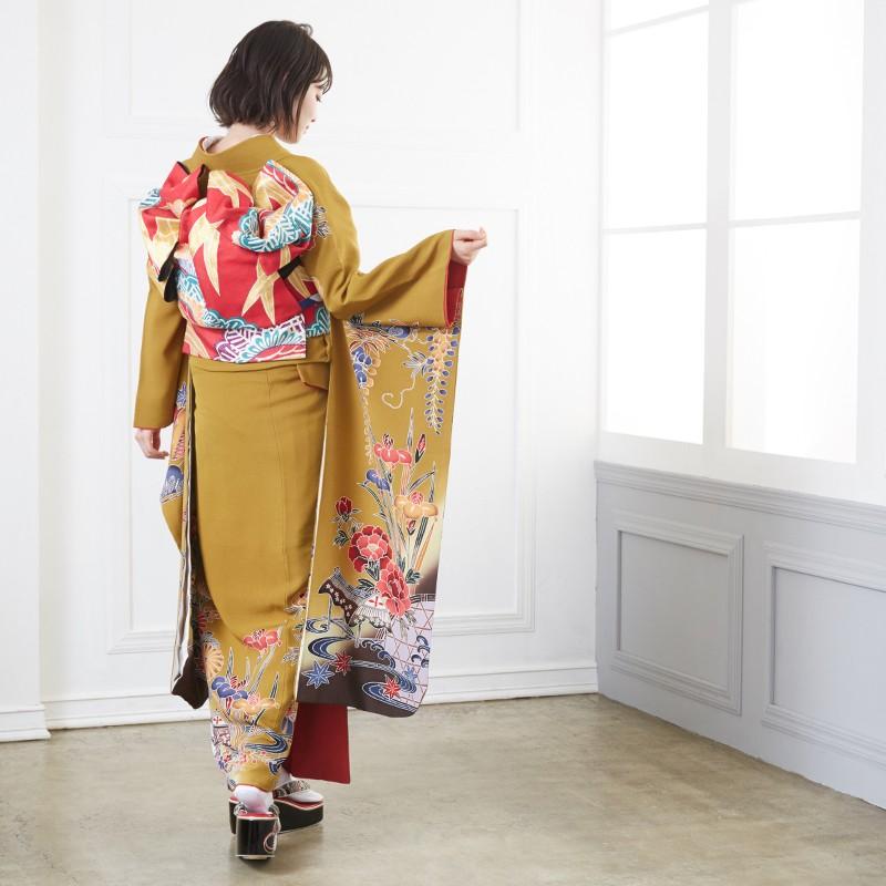 振袖レンタル 辛子 紅型 菖蒲牡丹に水鳥(絹)(宅) 成人式 結婚式 モデル