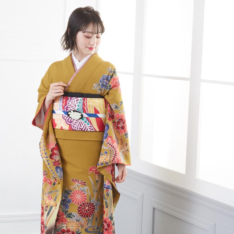 振袖レンタル 辛子 紅型 菖蒲牡丹に水鳥(絹)(宅) 成人式 結婚式 モデル
