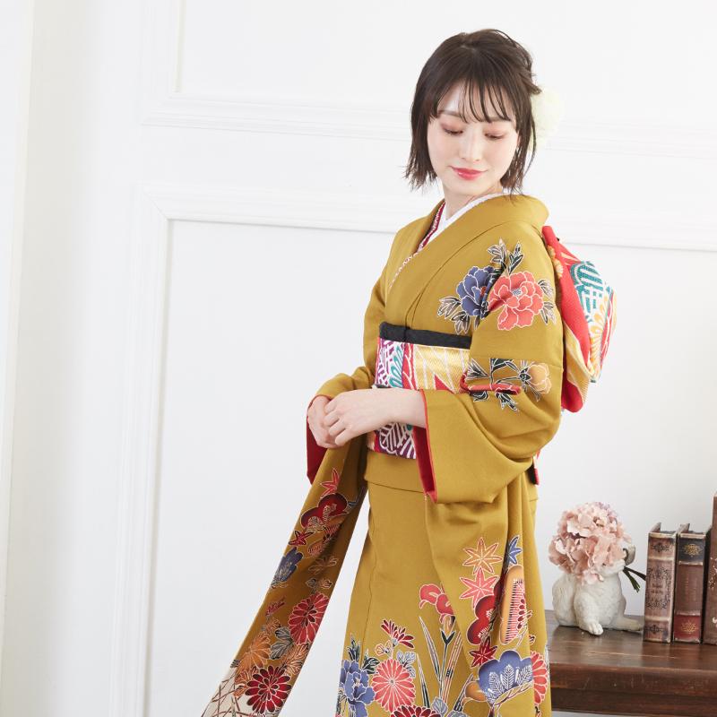 振袖レンタル 辛子 紅型 菖蒲牡丹に水鳥(絹)(宅) 成人式 結婚式 モデル