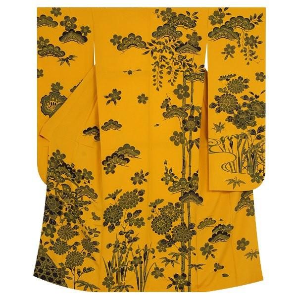 振袖 花柄 黄色 絹 振袖レンタル 金茶 墨絵 四季草花(絹) 成人式 結婚式 一点物 対応身長