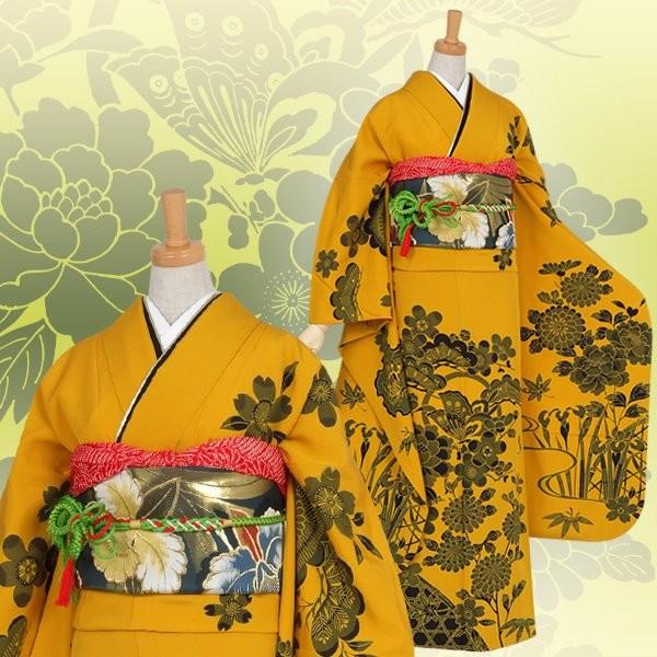振袖　正絹　花柄　草花　暈し染　霧文　成人式　RT4 振袖レンタル 金茶 墨絵 四季草花(絹) 成人式 結婚式 一点物 対応身長