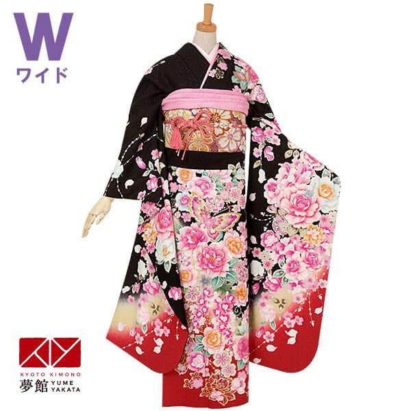 振袖レンタル 黒 桜牡丹と蝶(絹)(w) 成人式 結婚式 一点物