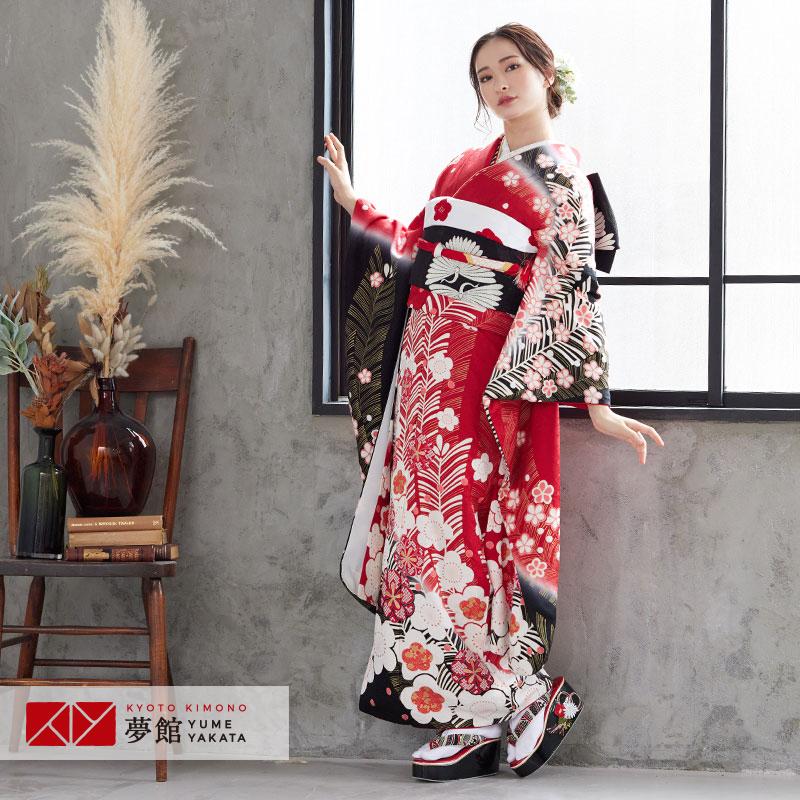 振袖レンタル 赤黒 絞り梅に松(絹) 成人式 結婚式 一点物 対応身長147