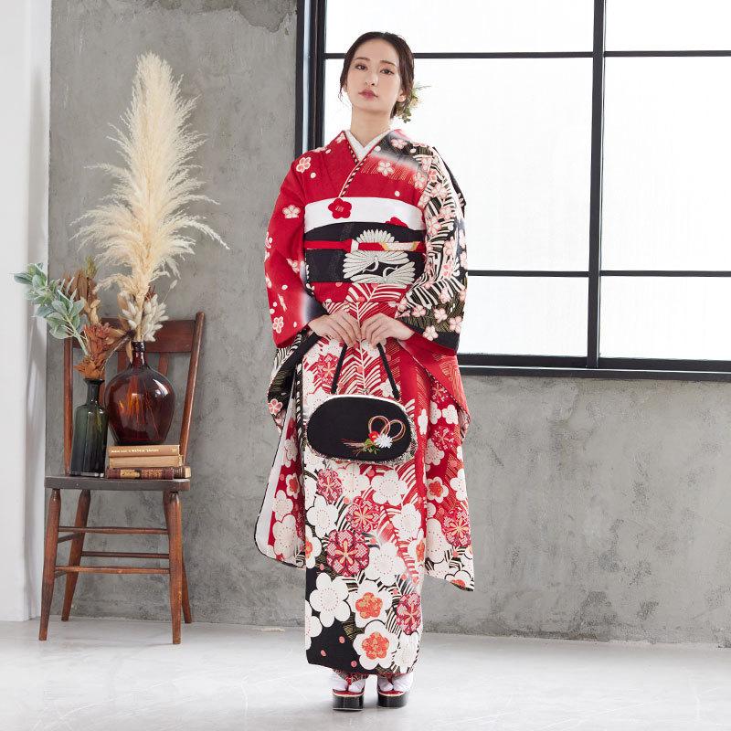 振袖レンタル 赤黒 絞り梅に松(絹) 成人式 結婚式 一点物 対応身長147