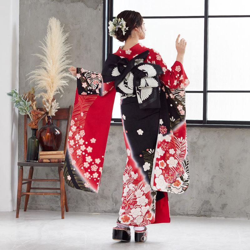 振袖レンタル 赤黒 絞り梅に松(絹) 成人式 結婚式 一点物 対応身長147