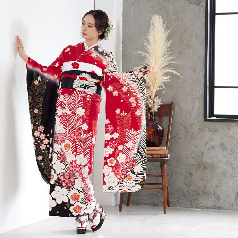 振袖レンタル 赤黒 絞り梅に松(絹) 成人式 結婚式 一点物 対応身長147