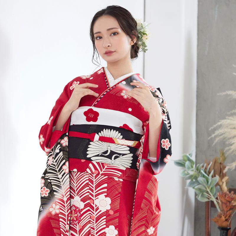 振袖レンタル 赤黒 絞り梅に松(絹) 成人式 結婚式 一点物 対応身長147