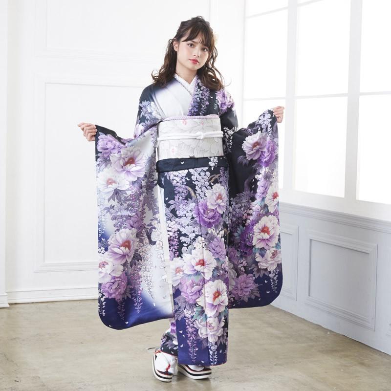 振袖レンタル  黒 大輪牡丹と藤(絹)(宅) 成人式 結婚式 モデル着用小物セット 対応身長154〜165cm 2〜11月利用 R576の画像