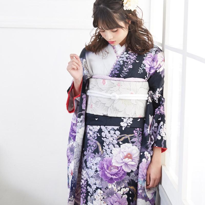 振袖レンタル  黒 大輪牡丹と藤(絹)(宅) 成人式 結婚式 モデル着用小物セット 対応身長154〜165cm 2〜11月利用 R576の画像