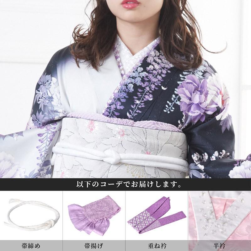 振袖レンタル  黒 大輪牡丹と藤(絹)(宅) 成人式 結婚式 モデル着用小物セット 対応身長154〜165cm 2〜11月利用 R576の画像