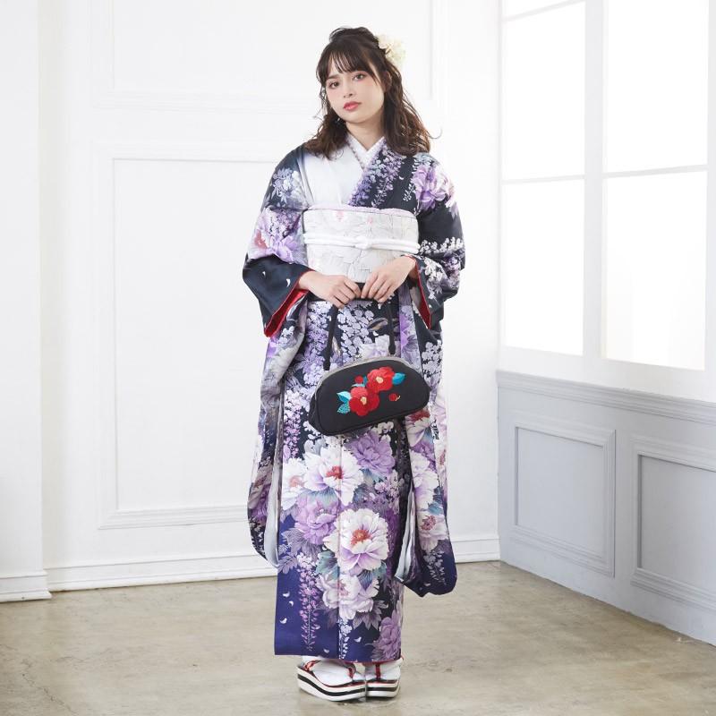 振袖レンタル  黒 大輪牡丹と藤(絹)(宅) 成人式 結婚式 モデル着用小物セット 対応身長154〜165cm 2〜11月利用 R576の画像