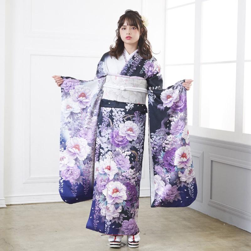 振袖レンタル  黒 大輪牡丹と藤(絹)(宅) 成人式 結婚式 モデル着用小物セット 対応身長154〜165cm 2〜11月利用 R576の画像