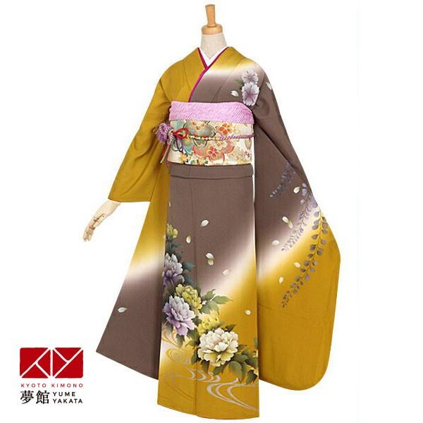 振袖レンタル 訳あり特価 安い芥子×グレー 藤と牡丹流水(絹)(宅) 成人式 結婚式 対応身長154〜165cm 2〜11月利用 R679