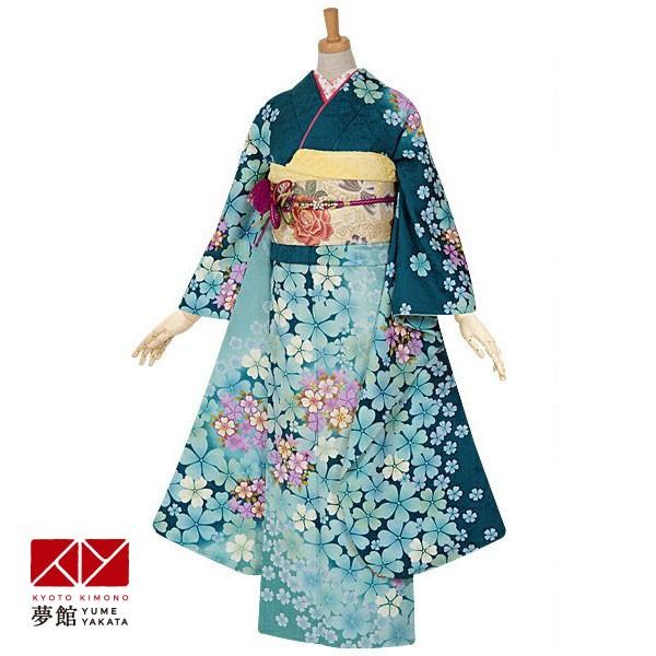 ブランド登録なし - 振袖賃借  青緑 桜(絹) 成年者式 御芽出度 一点物 相応う身の長155〜159珊 2〜11月利用 R696 着物、浴衣-レンタル