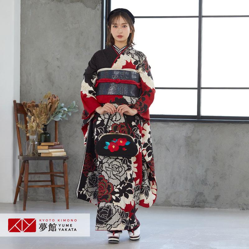 振袖レンタル  赤・黒 シルエットローズ（R700）(絹) 成人式 結婚式 モデル着用小物セット 対応身長155〜159cm 2〜11月利用 R699