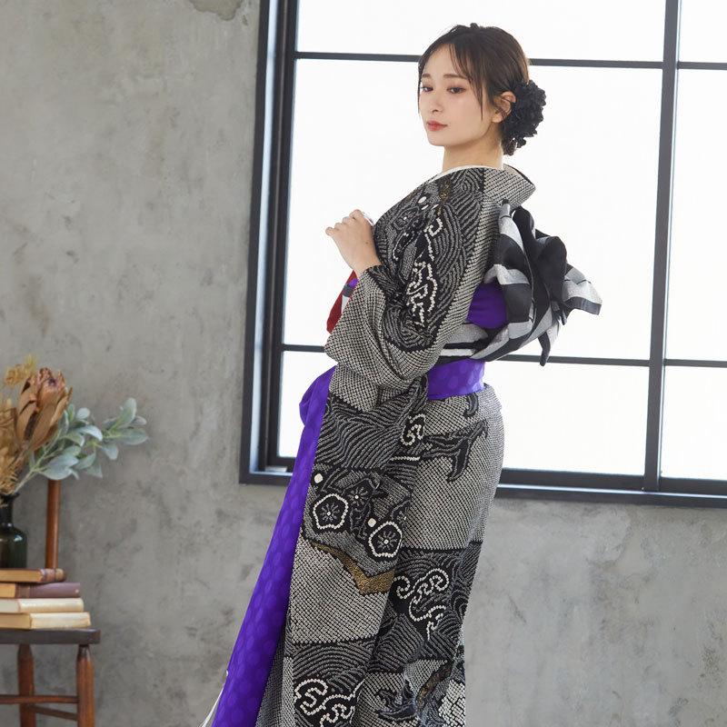 振袖レンタル 黒 総絞り 波頭に牡丹(絹) 成人式 結婚式 一点物