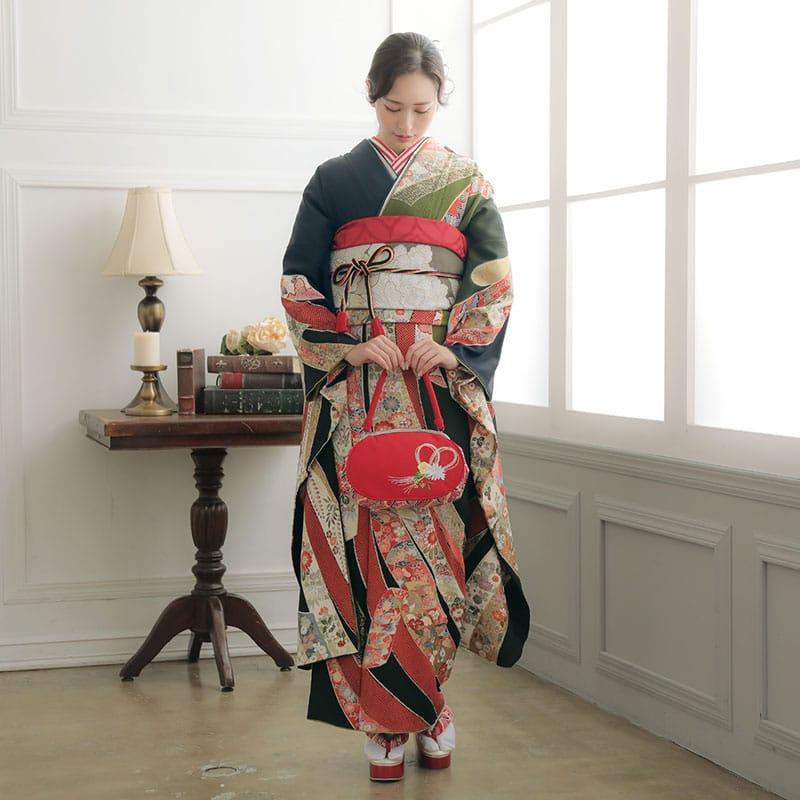 振袖レンタル 緑×紺 大熨斗目(絹)(宅) 成人式 結婚式 一点物 対応身長