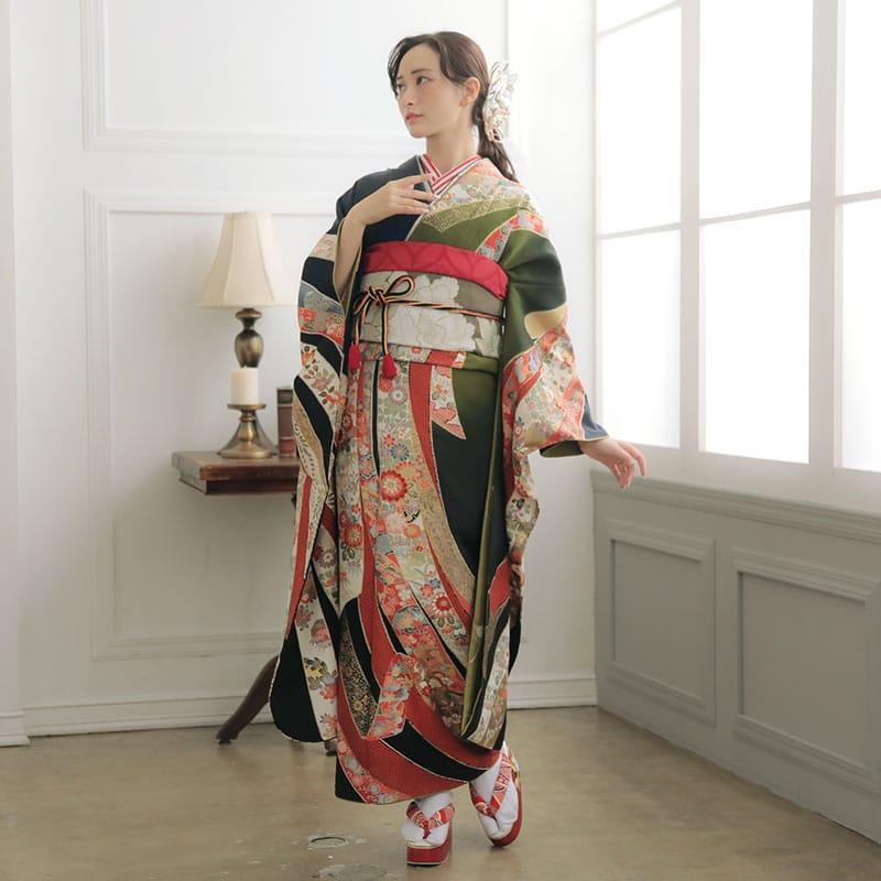 振袖レンタル 緑×紺 大熨斗目(絹)(宅) 成人式 結婚式 一点物 対応身長