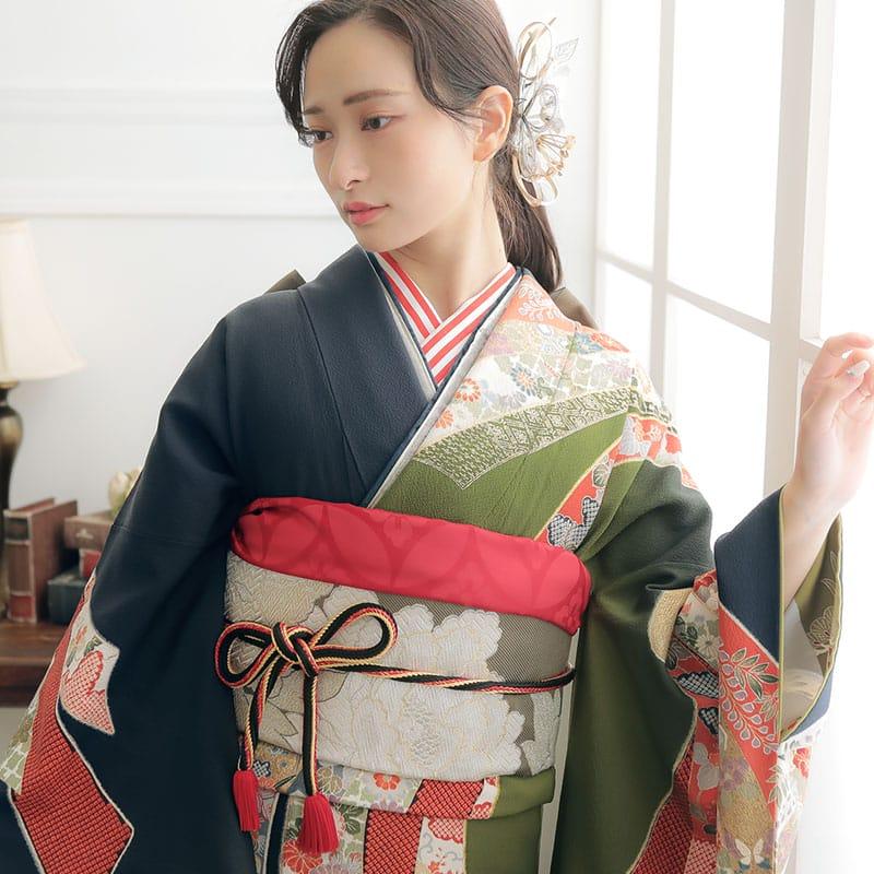 振袖レンタル 緑×紺 大熨斗目(絹)(宅) 成人式 結婚式 一点物 対応身長