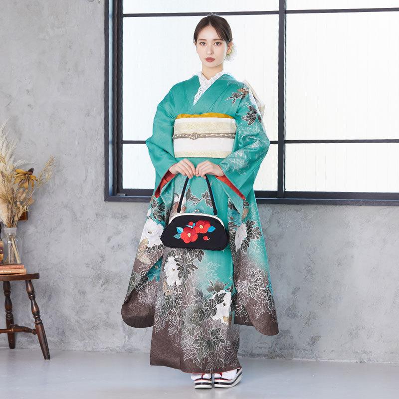 SALE 振袖レンタル ラメグリーン 牡丹に蝶(絹) 成人式 結婚式