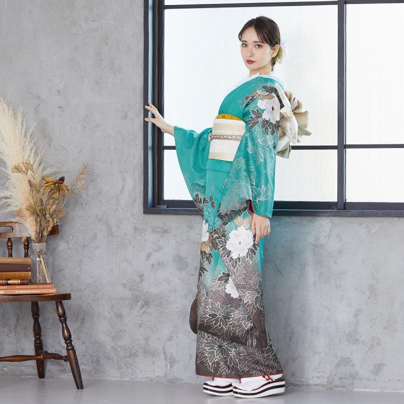 振袖レンタル ラメグリーン 牡丹に蝶(絹) 成人式 結婚式 一点物