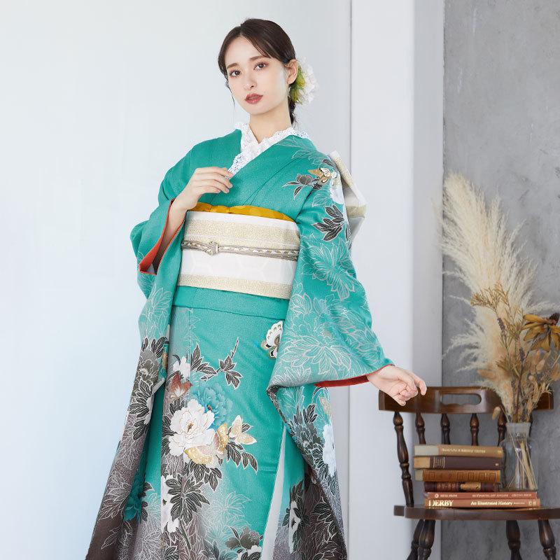 振袖　グリーン系　牡丹　蝶　桜　銀通し　正絹 振袖レンタル ラメグリーン 牡丹に蝶(絹) 成人式 結婚式 一点物 モデル