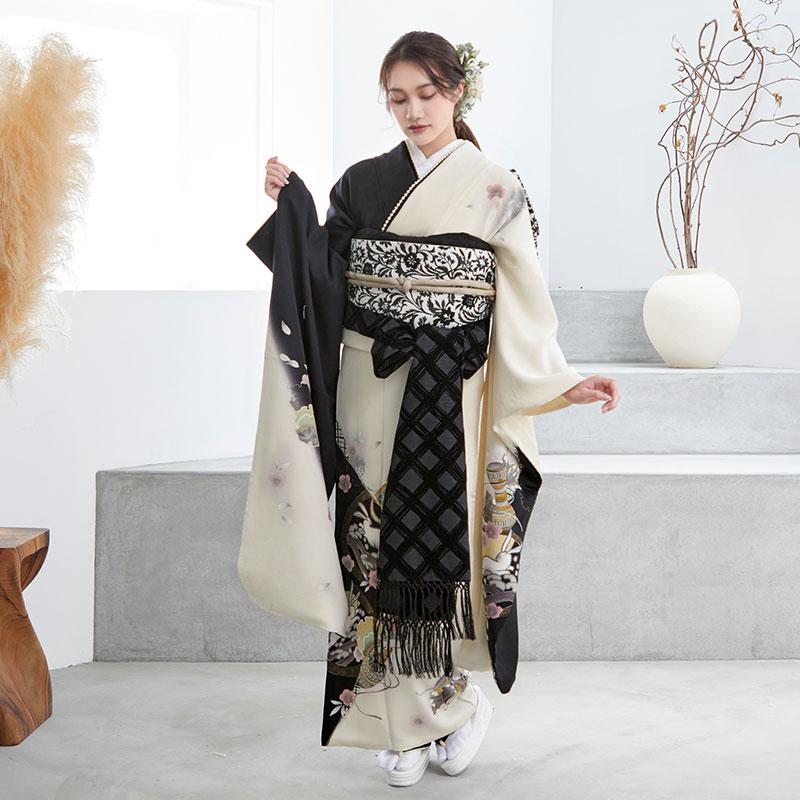 振袖 身長159-174cm black × white 正絹 振袖 身長159-174cm black × white 正絹