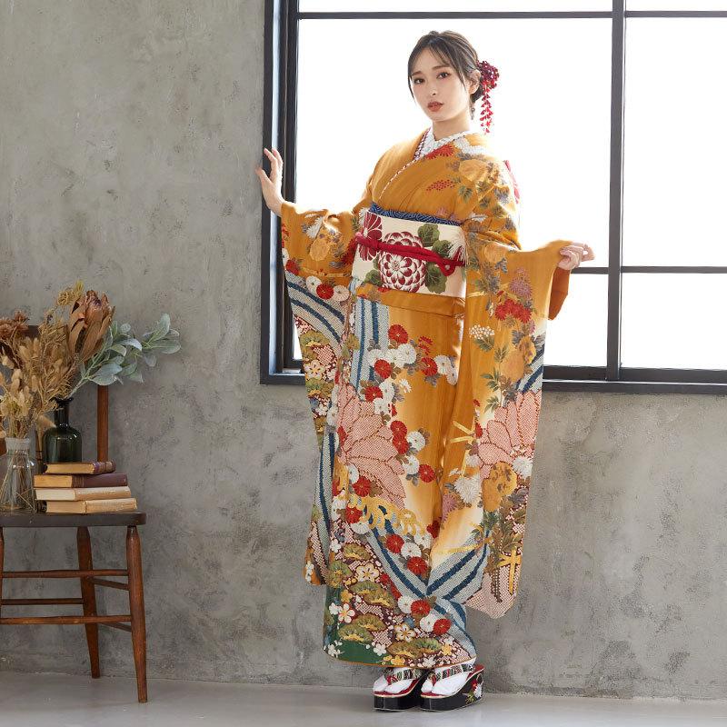 振袖レンタル 金茶 金彩波に菊花(絹) 成人式 結婚式 一点物 対応身長