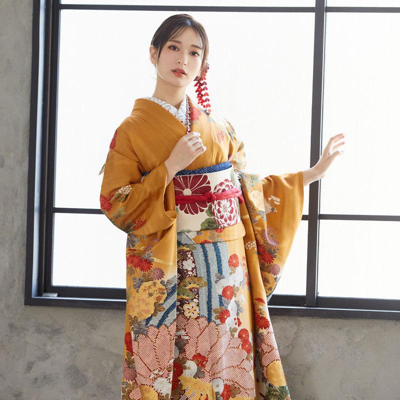 振袖レンタル 金茶 金彩波に菊花(絹) 成人式 結婚式 一点物 対応身長