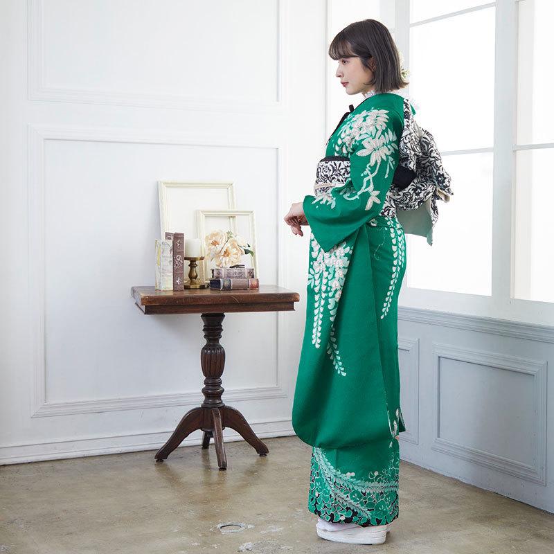 振袖レンタル 緑 しだれ藤に辻が花(絹)(宅) 成人式 結婚式 一点物 対応