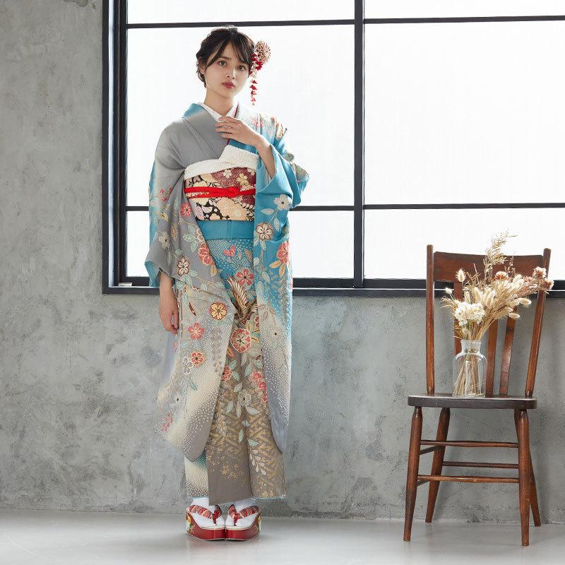 SALE 振袖レンタル 水色 枝垂八重桜に鳳凰(絹) 成人式 結婚式 一点物