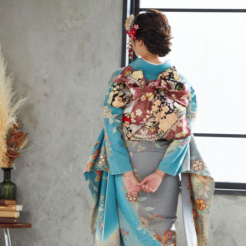 振袖レンタル 水色 枝垂八重桜に鳳凰(絹) 成人式 結婚式 一点物 対応