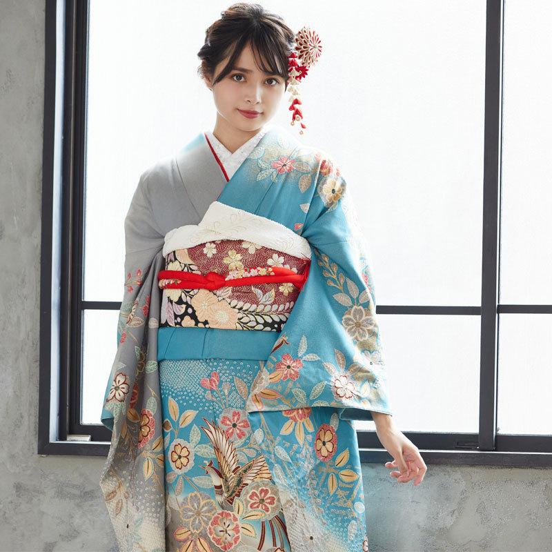 振袖レンタル 水色 枝垂八重桜に鳳凰(絹) 成人式 結婚式 一点物 対応