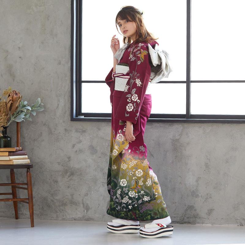 メーカー包装済 2 11月利用 結婚式 振袖 レンタル ワイン 蝶と蔓草花 絹 宅 一点物 対応身長160 164cm R4 日本最大級 Futbolcarrasco Com