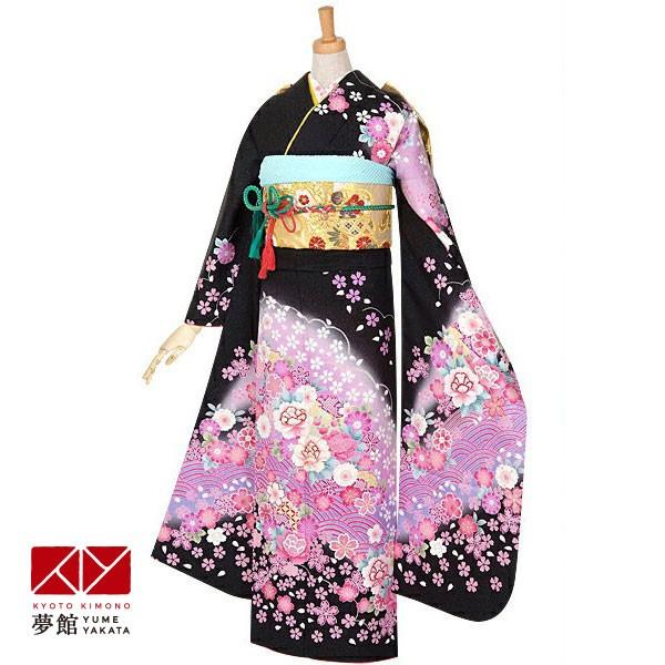 振袖レンタル 黒 桜牡丹に青海(絹)(宅) 成人式 結婚式 一点物 対応身長 